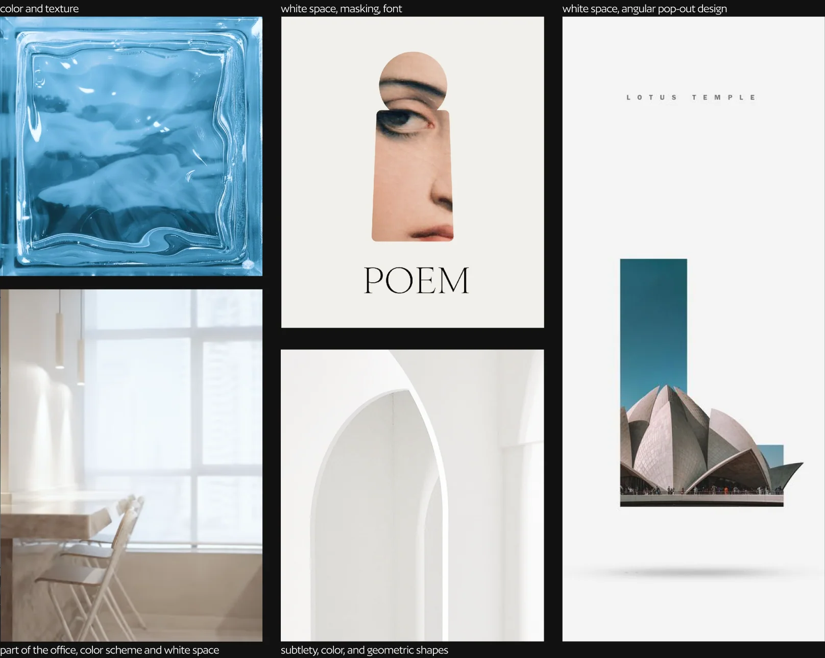 Moodboard: colour and texture, white space, masking, geometric shapes
