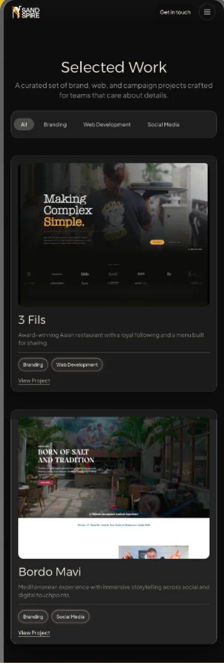 Selected work page, mobile